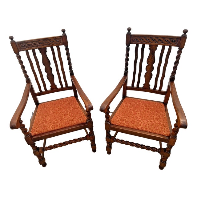Pair of Antique Jacobean Revival Barley Twist Oak Armchairs Rust & Gold Damask For Sale