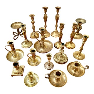 Vintage Lot Collected Brass Candleholders - Set of 18 For Sale