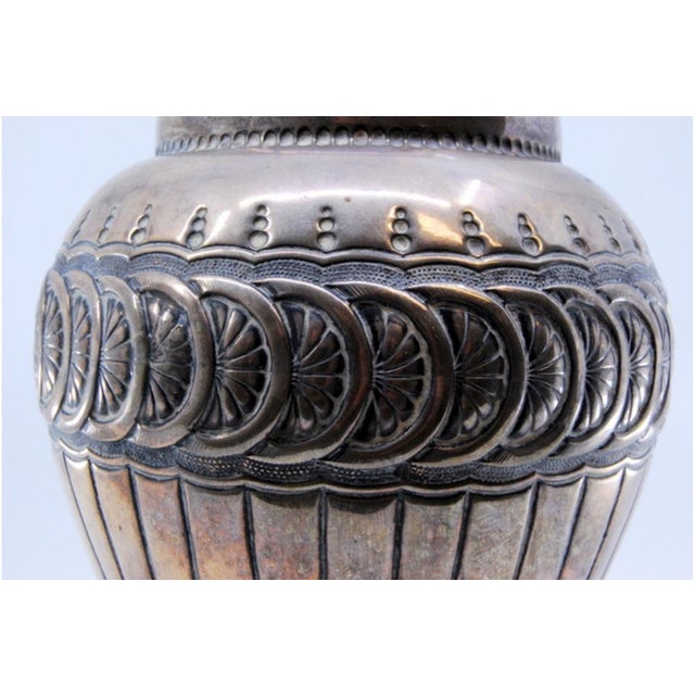 Metal Round Pot in Gummed Silver with Reliefs and Top Stripes For Sale - Image 7 of 10