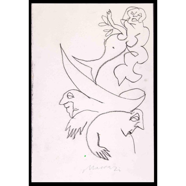 Mino Maccari, Mermaid, Charcoal Drawing, 1980 For Sale