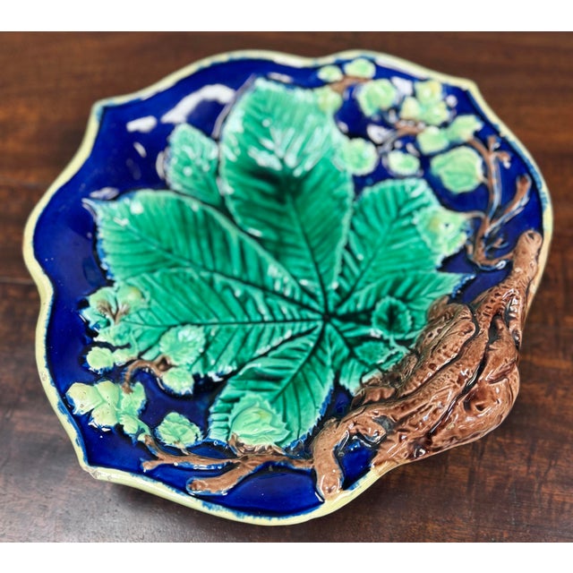 Antique 19th C Majolica serving dish featuring large kelly green leaf design on bold cobalt blue background with brown...