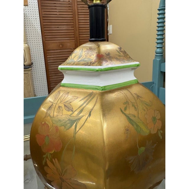 Mid-Century Modern 1970s Morris Greenspan Gold Porcelain Floral Hand-Painted Lamps - a Pair For Sale - Image 3 of 6