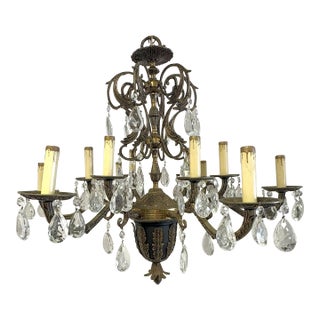 Mid Century 12-Light Spanish Bronze and Crystal Multi-Tiered Chandelier For Sale