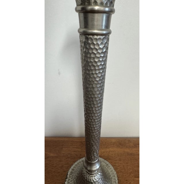 Abstract Vintage Hammered Metal Tall Taper Candle Holder Candlestick Silver Tone Decor For Sale - Image 3 of 11
