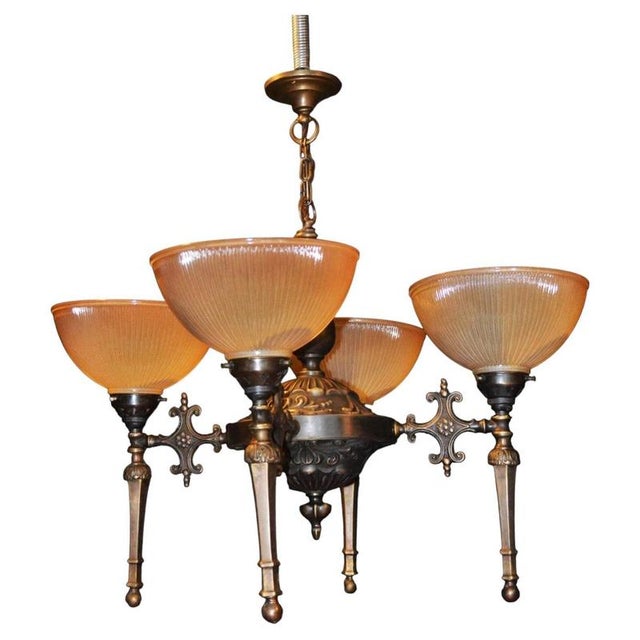 Mid-Century Modern Four-Light Bronze Chandelier with Holophane Prismatic Glass Shades, 1950s For Sale - Image 18 of 18