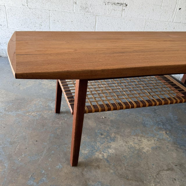 Vintage Danish Modern Teak Coffee Table With Pull-Out Tray and Woven Shelf, Circa 1960's Mid Century For Sale In New York - Image 6 of 7