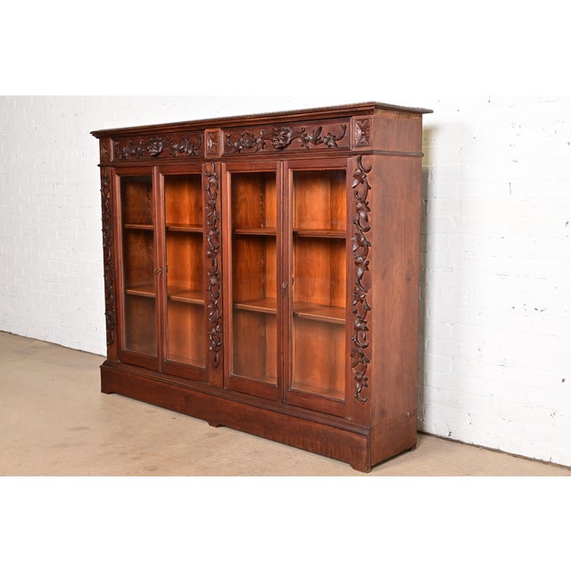 Victorian R. J. Horner Style Antique Victorian Carved Walnut Double Bookcase Cabinet, Circa 1890s For Sale - Image 3 of 12