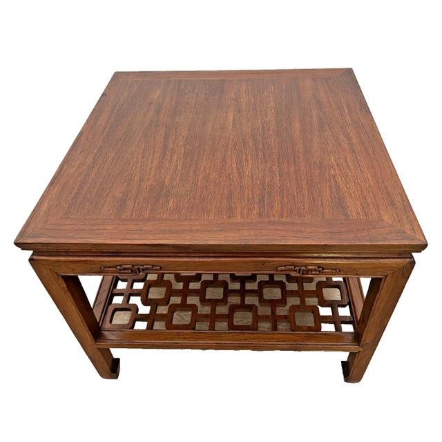 1960s MCM Ming Style Wood Coffee / End Table With Open Geometric Fretwork Lower Shelf For Sale - Image 4 of 12