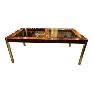 1970s Century Furniture Burl Wood and Brass Dining Table (Two Leaves) For Sale