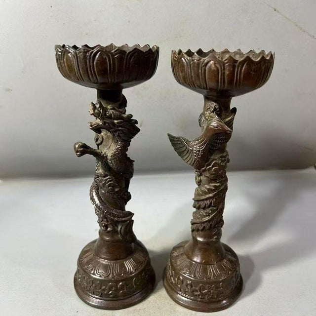 Late 20th Century Pair of Bronze Dragon & Phoenix Candlesticks – 6.7" Figural Candle Holders For Sale - Image 5 of 9