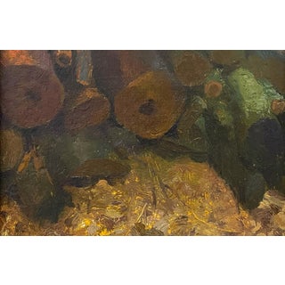 Winter Cord by Brad Davis | Oil Painting of stacked logs and forest floor textures For Sale