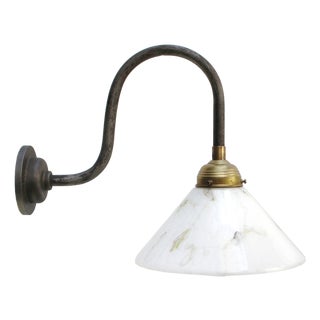 Cast Iron Wall Sconce with White Marble Effect Glass Shade For Sale