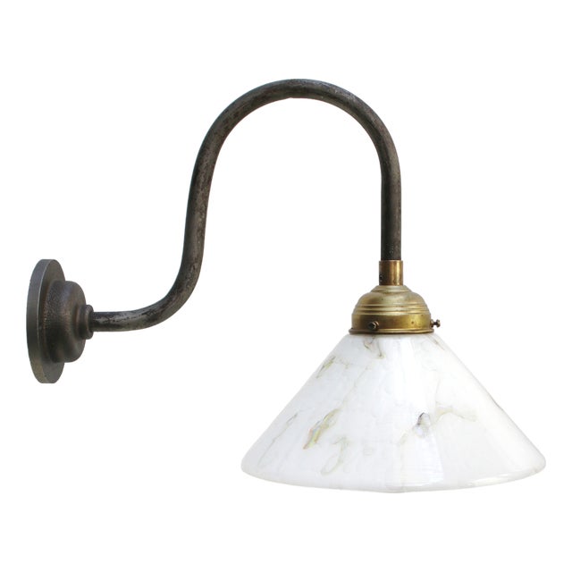 Cast Iron Wall Sconce with White Marble Effect Glass Shade For Sale