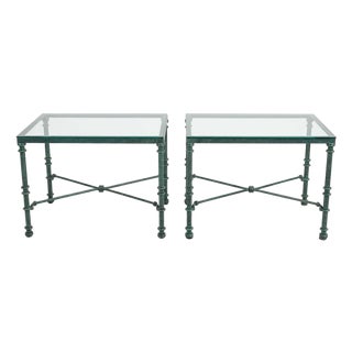 Pair of Giacometti Style Wrought Iron Verdigris Finish Glass Top Side Table For Sale