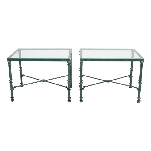 Pair of Giacometti Style Wrought Iron Verdigris Finish Glass Top Side Table For Sale