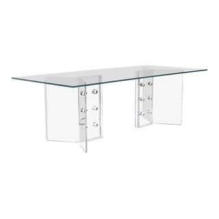 Contemporary Dominoe Style Pedestal Based Glass Top Dining Table For Sale