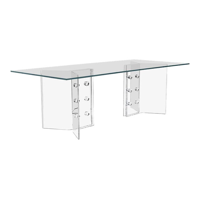 Contemporary Dominoe Style Pedestal Based Glass Top Dining Table For Sale