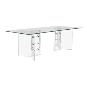 Contemporary Dominoe Style Pedestal Based Glass Top Dining Table