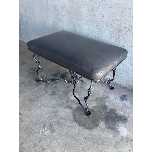 Alberto & Diego Giacometti Vintage Sculptural Forged Iron and Leather Bench in the Style of Giacometti For Sale - Image 4 of 7