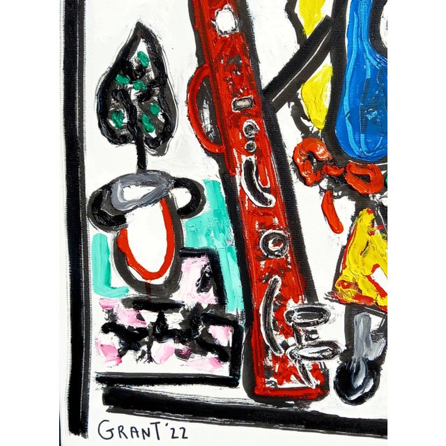 Textile 31.5" by 39.3" 'The Musician' - One-of-a-Kind Original Colorful Oil on Canvas Painting For Sale - Image 7 of 9