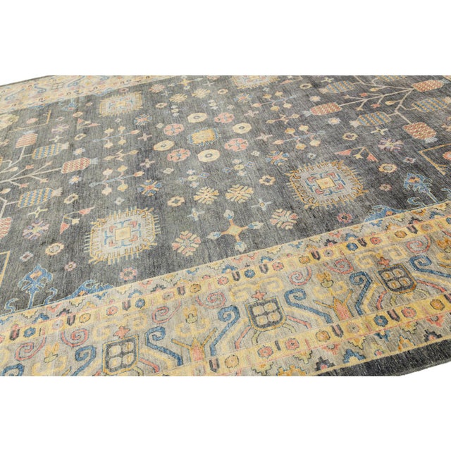 Modern Khotan Style Hand-Knotted Wool Rug Charcoal & Gold Transitional Area Rug For Sale - Image 11 of 11