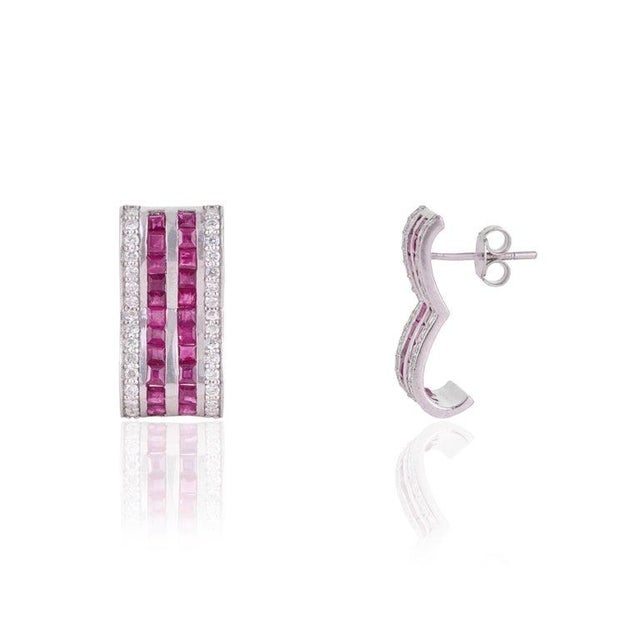 Abstract Contemporary Geometric Ruby & Diamond Hoop Earrings in 925 Sterling Silver, A Pair For Sale - Image 3 of 14