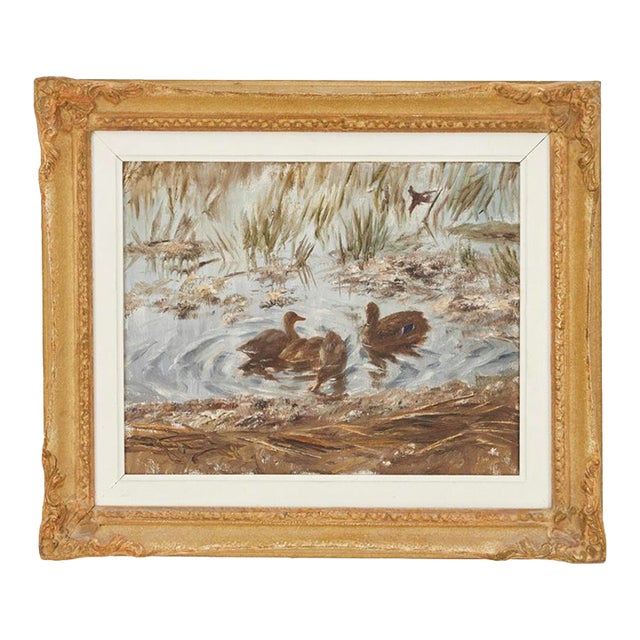 Johannes Ravn Ducks at the Water's Edge, Norwegian Oil on Canvas For Sale