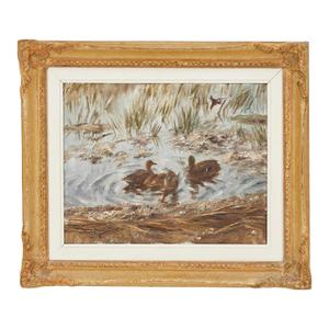 Johannes Ravn Ducks at the Water's Edge, Norwegian Oil on Canvas