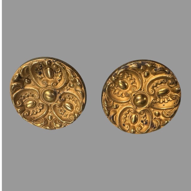 Victorian Set of 4 Ornate Antique Victorian Pressed Brass Round Curtain Tiebacks For Sale - Image 3 of 5