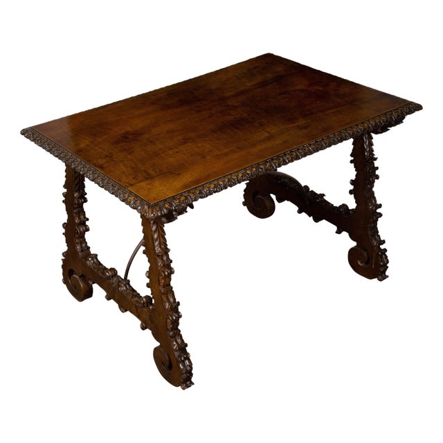 Italian 19th Century Walnut Baroque Style Fratino Table with Carved Lyre Legs For Sale