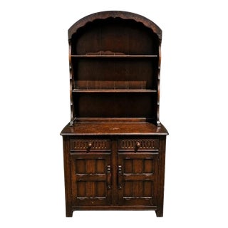 Arts & Crafts Carved Oak Dresser Cabinet with Open Display Rack For Sale