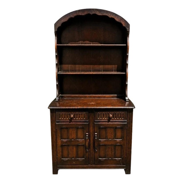 Arts & Crafts Carved Oak Dresser Cabinet with Open Display Rack For Sale