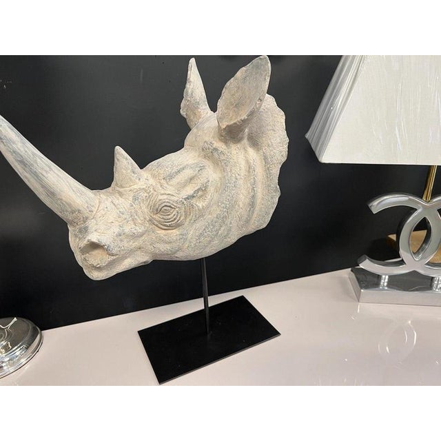 Large Realistic Rhinoceros Head Bust Sculpture on Metal Stand For Sale - Image 10 of 12
