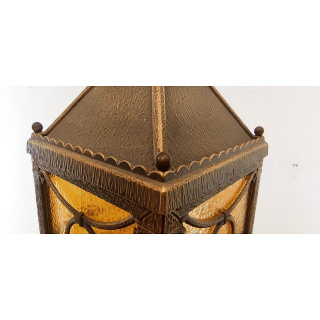 Mid-Century Modern Brass Lantern Hanging Light in Amber Glass For Sale - Image 3 of 14