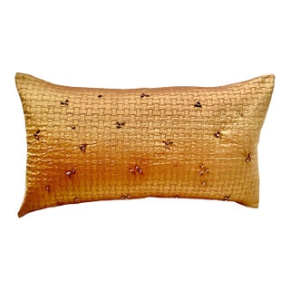 Modern Hand Beaded Quilted Silk Lumbar Decorative Pillow Cover For Sale
