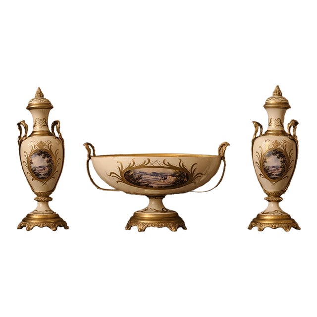 1970 Louis XVI Cream Porcelain Garniture-3 Pc For Sale