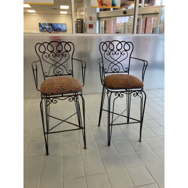 Metal Late 20th Century Ethan Allen Wrought Iron Bar Height Counter Stools - a Pair For Sale - Image 7 of 12
