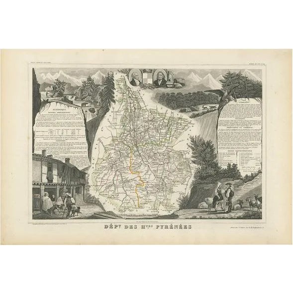 Antique Map of the Hautes Pyrenees in France attributed to V. Levasseur, 1854 For Sale
