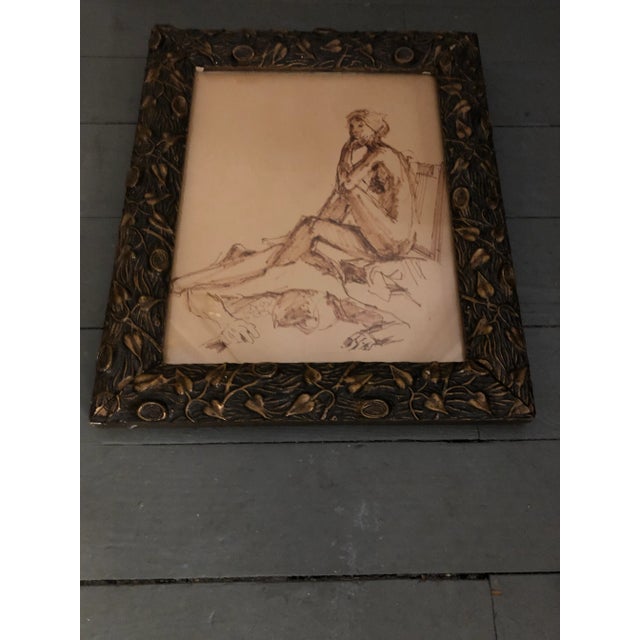Original Sepia Ink Drawing 2 Figures 8 x 10 in early 20th Century frame Overall size with vintage frame is 10.5 x 12.5