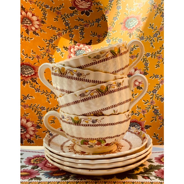 1930s Spode Cowslip Basketweave Brown and Cream Ceramic Teacups and Saucers, Set of 4 For Sale - Image 6 of 18