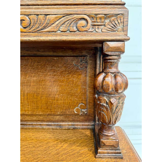 1920s Art Deco Carved Oak Sideboard Cabinet With Removable Gallery Top For Sale - Image 14 of 18