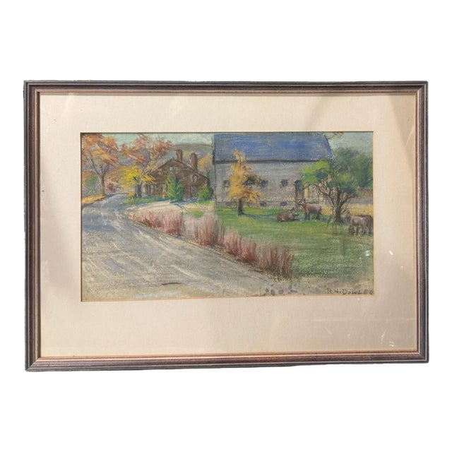Vintage Countryside Landscape Framed Pastel Watercolor Painting W Cows For Sale