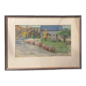 Vintage Countryside Landscape Framed Pastel Watercolor Painting W Cows