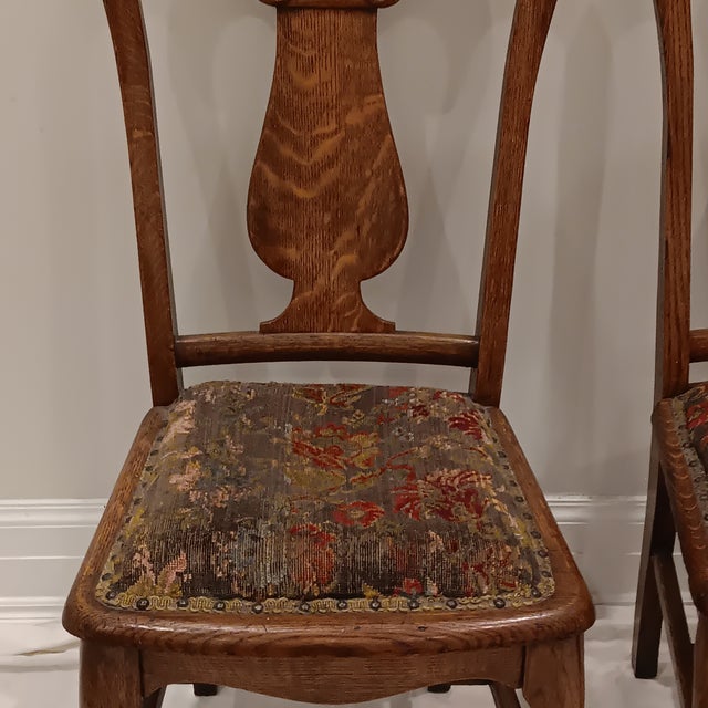 Antique Quarter Sawn Oak Side Chairs With Hand Carved Motif on Each Side and Nailhead Stud Surround Tapestry Seat and Claw Feet For Sale - Image 11 of 18