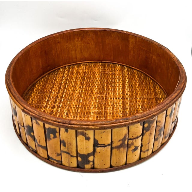 Vintage Burnt Bamboo Basket With Woven Rattan Base – Boho / Organic Modern / Tropical For Sale - Image 11 of 12
