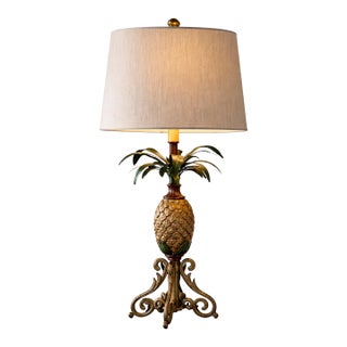 Late 20th Century Solid Metal Pineapple Table Lamp With Scroll Base and Original Gray Shade For Sale