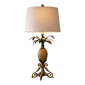 Late 20th Century Solid Metal Pineapple Table Lamp With Scroll Base and Original Gray Shade