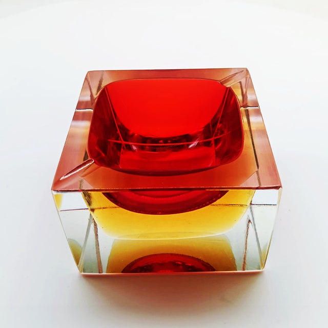 Square Ashtray or Catch-all in Murano Glass by Flavio Poli for Seguso. Stunning Red and Golden Yellow Submerged colors....
