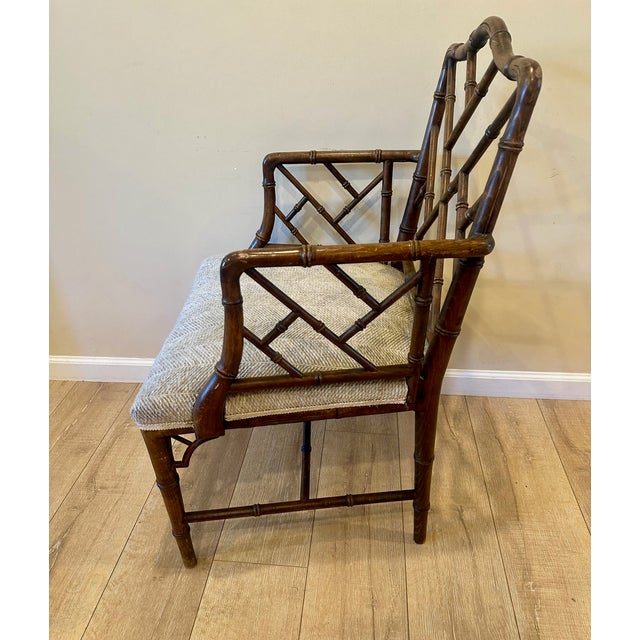 Single Faux Bamboo Chippendale Style "Hollywood Regency" Armchair in good VINTAGE condition. Upholstered in an off-white /...