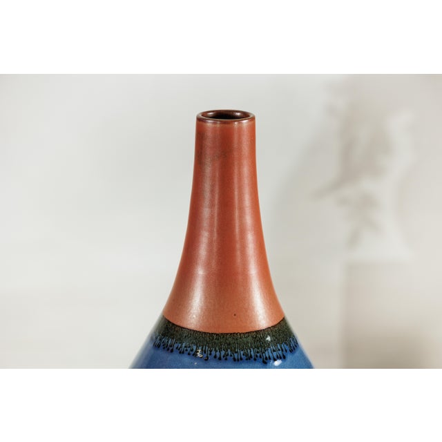 Large Artisan Teardrop Ceramic Vases in Deep Blue and Terracotta Glaze - A Pair For Sale - Image 10 of 18